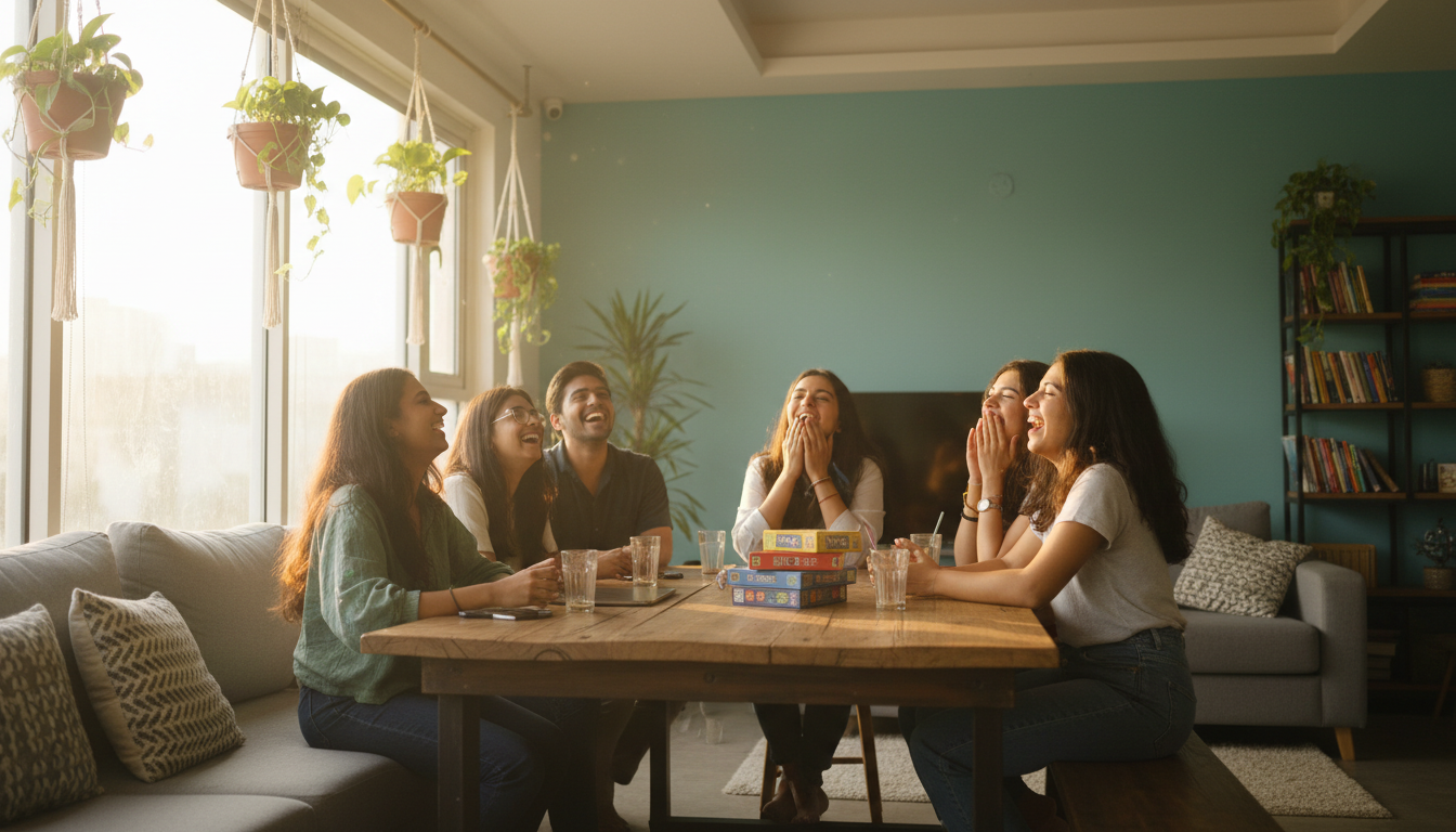 Young professionals laughing around a communal table
