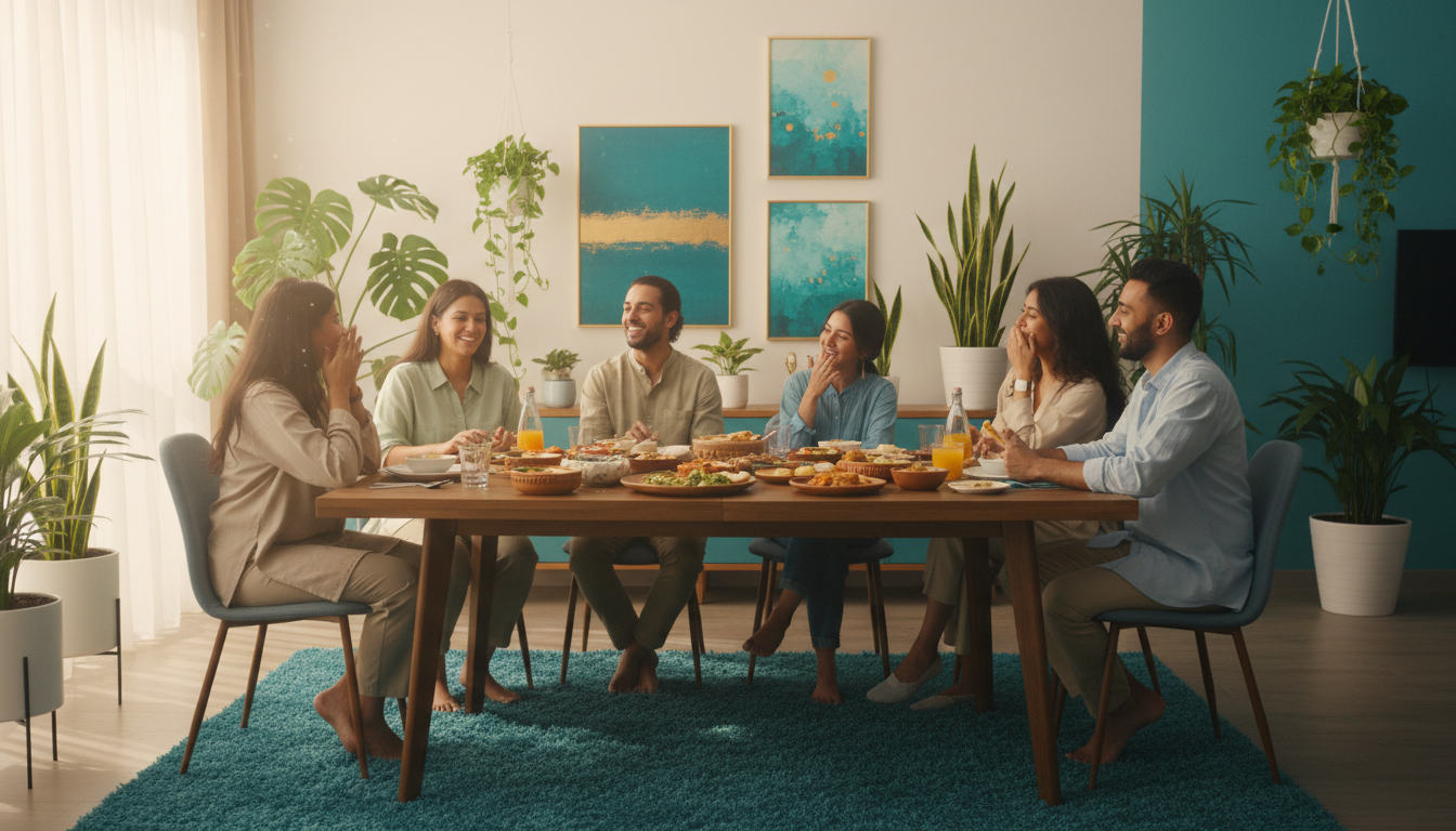 Community sharing a meal together