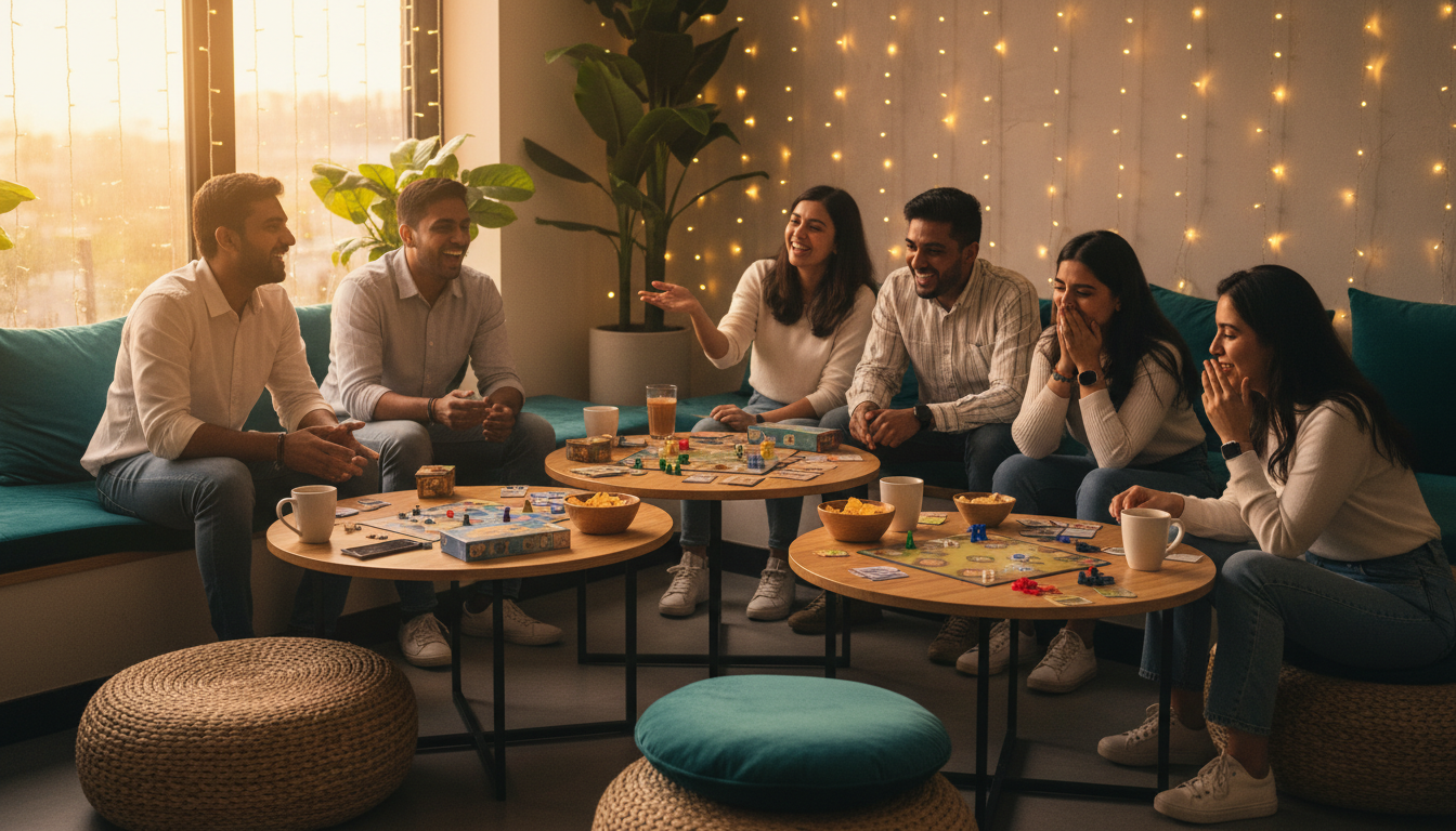Friends playing board games in a cozy lounge