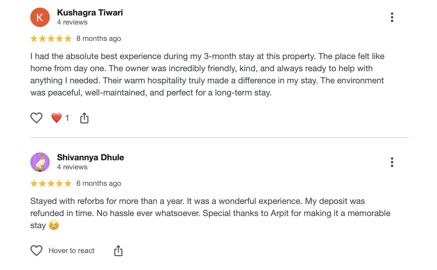 Google reviews from Kushagra Tiwari and Shivannya Dhule